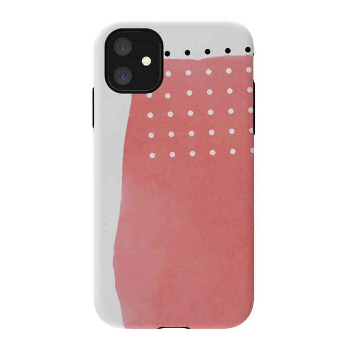 iPhone 11 StrongFit Abstract Pink Watercolor Brushstroke with Black and White Polka Dots by amini54