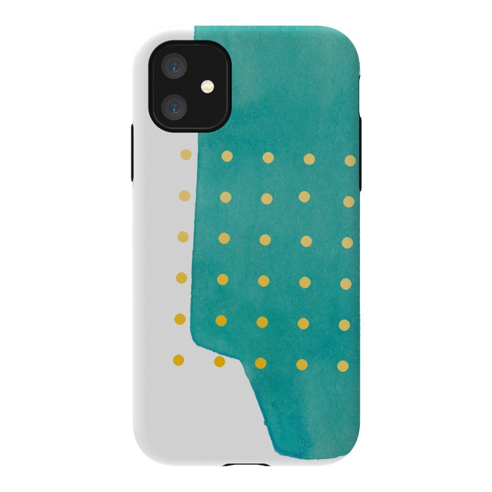 iPhone 11 StrongFit Abstract Teal Watercolor Brushstroke with Yellow Polka Dots by amini54