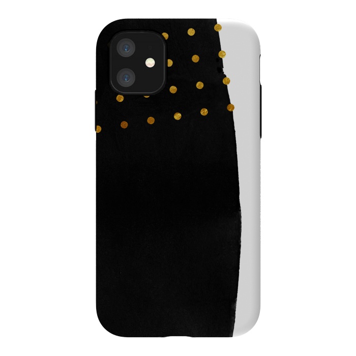 iPhone 11 StrongFit Black Abstract Watercolor Brushstroke with Gold Polka Dots by amini54