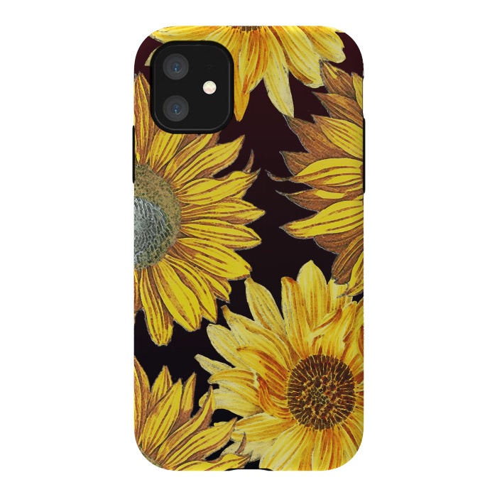 iPhone 11 StrongFit Sunflowers illustration on dark brown background by Oana 