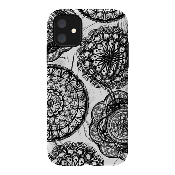 iPhone 11 StrongFit Black line art lace mandalas on white marble by Oana 