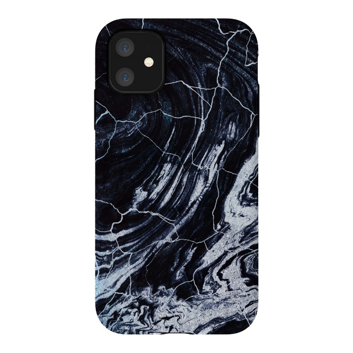 iPhone 11 StrongFit Dark navy cracked marble painting by Oana 