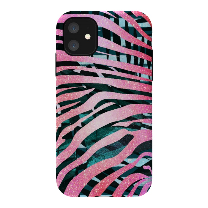 iPhone 11 StrongFit Pink zebra stripes on tropical foliage by Oana 