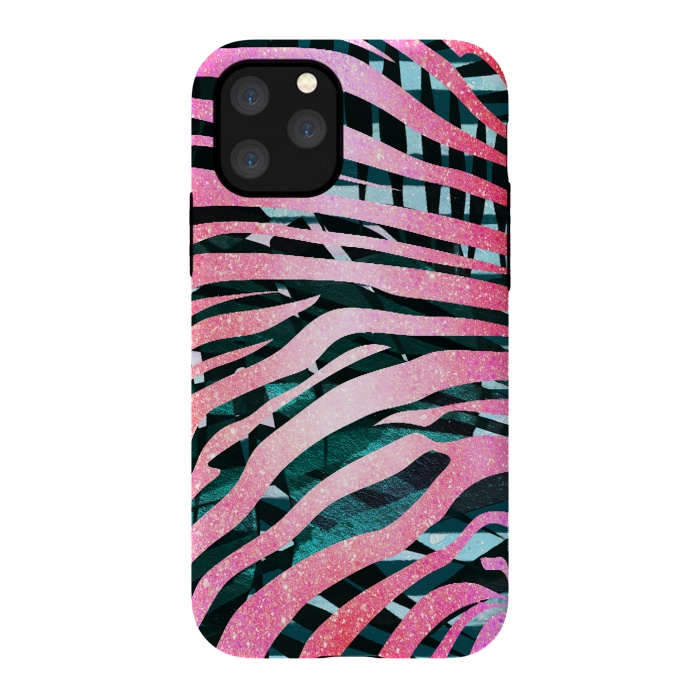 iPhone 11 Pro StrongFit Pink zebra stripes on tropical foliage by Oana 