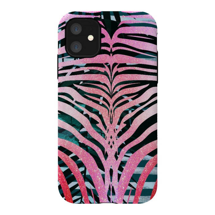 iPhone 11 StrongFit Pink sparkle zebra stripes by Oana 