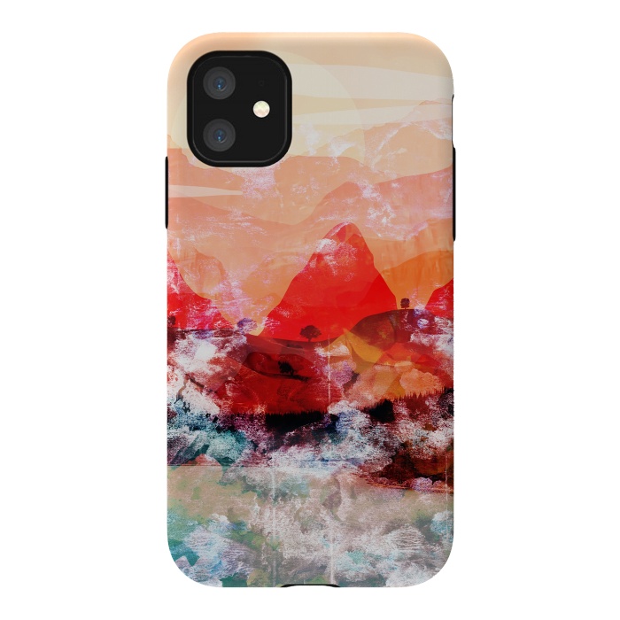 iPhone 11 StrongFit Red peach abstract brushed mountain landscape by Oana 