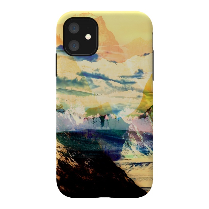 iPhone 11 StrongFit Painted minimal mountain landscape in yellow by Oana 