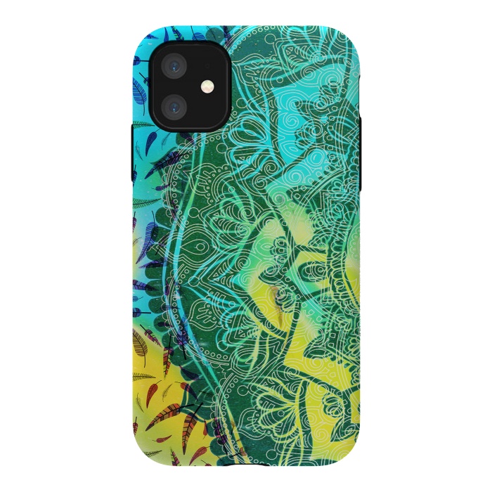 iPhone 11 StrongFit Colorful tie dye mandala petals and feathers by Oana 