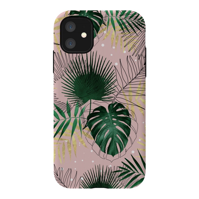 iPhone 11 StrongFit Modern gold tropical leaves and doddles design  by InovArts