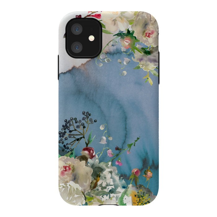 iPhone 11 StrongFit White florals on blue watercolor ink texture by  Utart