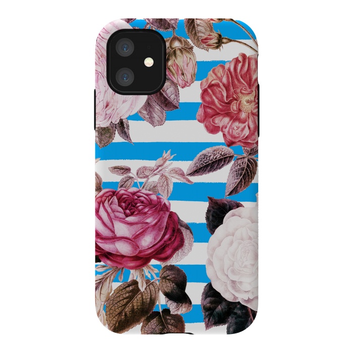 iPhone 11 StrongFit Vintage roses illustration on blue and white stripes by Oana 