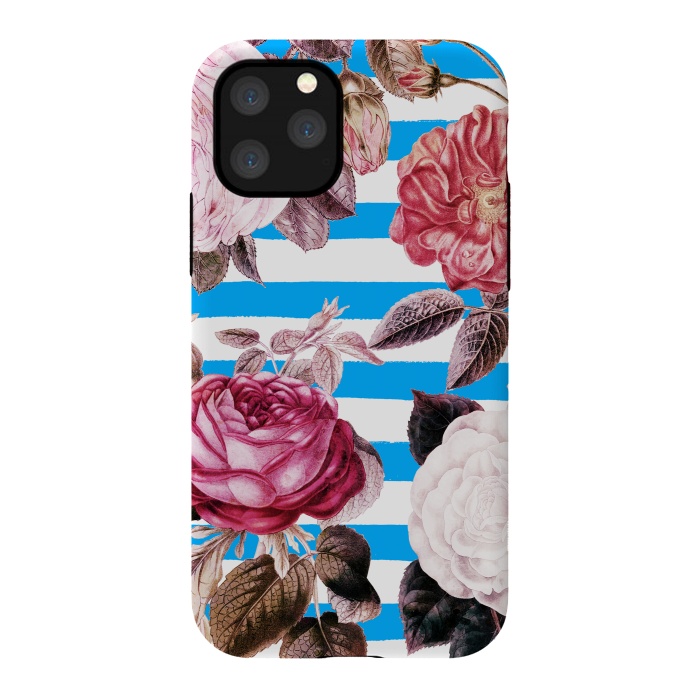 iPhone 11 Pro StrongFit Vintage roses illustration on blue and white stripes by Oana 