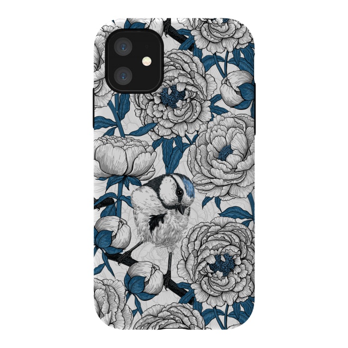 iPhone 11 StrongFit White peonies and blue tit birds by Katerina Kirilova