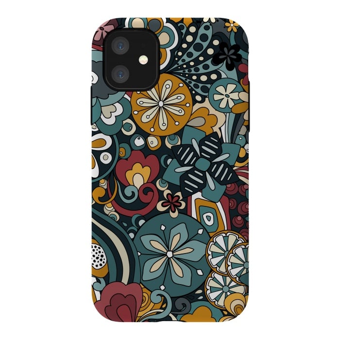 iPhone 11 StrongFit Retro Moody Florals in Blue, Red and Mustard by Paula Ohreen
