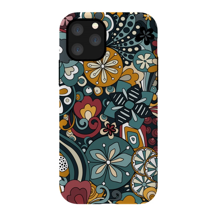 iPhone 11 Pro StrongFit Retro Moody Florals in Blue, Red and Mustard by Paula Ohreen