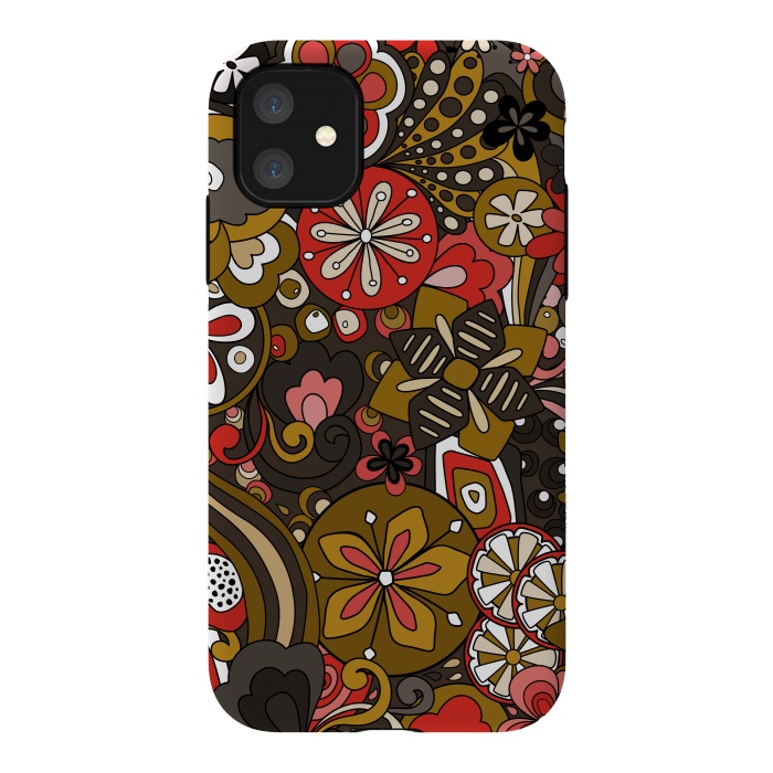 iPhone 11 StrongFit Retro Moody Florals in Red, Mustard and Brown by Paula Ohreen