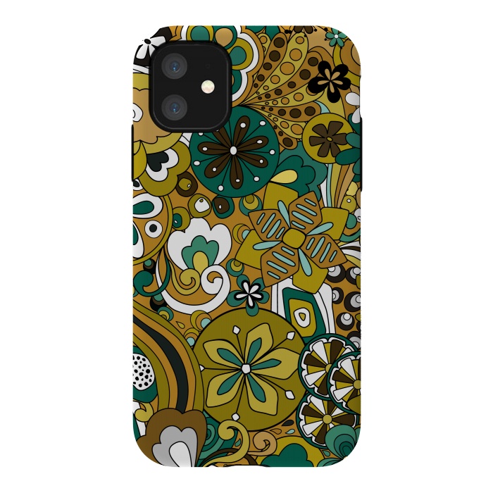 iPhone 11 StrongFit Retro Moody Florals in Green and Mustard by Paula Ohreen