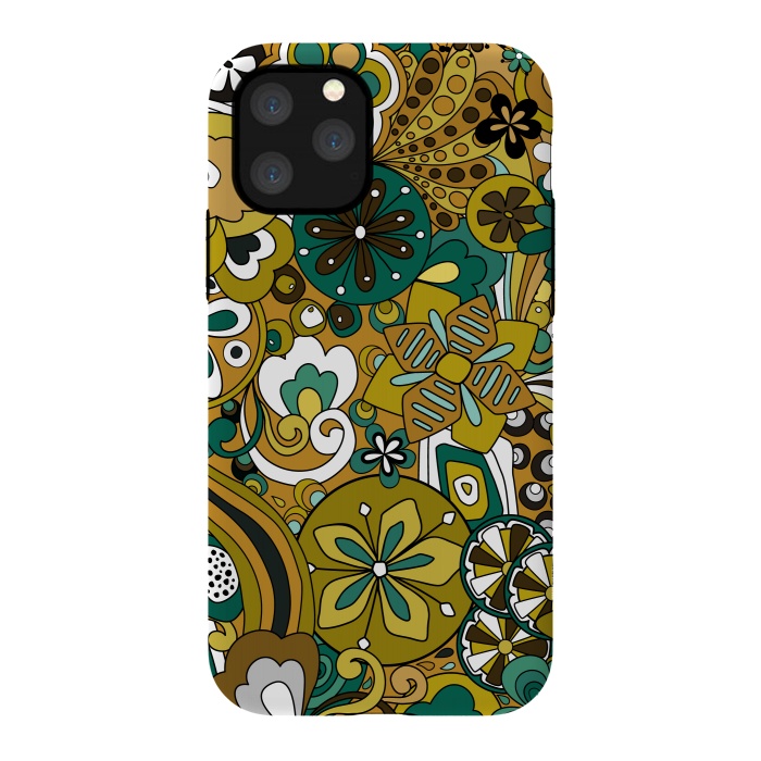 iPhone 11 Pro StrongFit Retro Moody Florals in Green and Mustard by Paula Ohreen