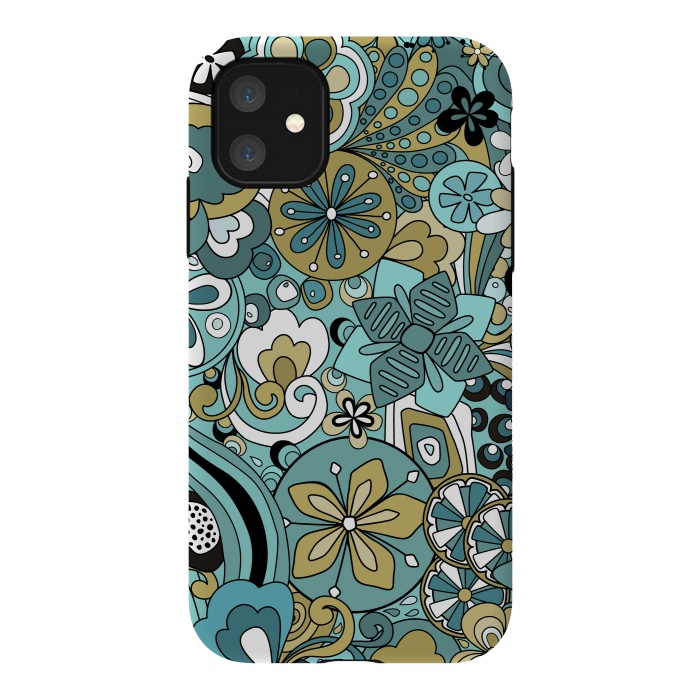 iPhone 11 StrongFit Retro Moody Florals in Blue and Green by Paula Ohreen
