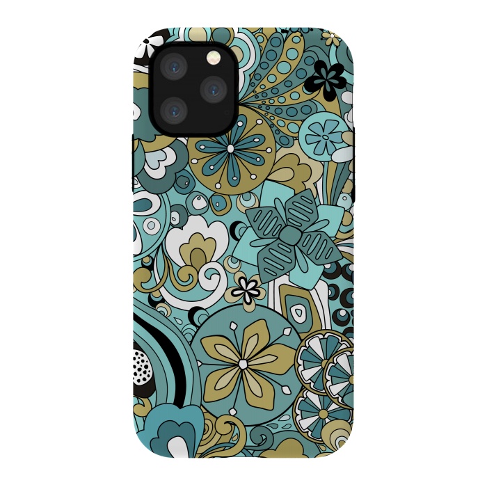 iPhone 11 Pro StrongFit Retro Moody Florals in Blue and Green by Paula Ohreen