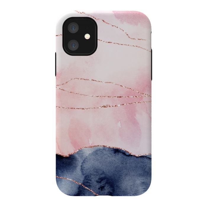 iPhone 11 StrongFit Blush Watercolor and Purple Ink Texture with Gold Veins by DaDo ART