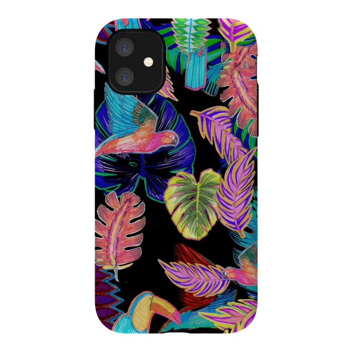 iPhone 11 StrongFit Colorful sketched tropical birds and leaves by Oana 