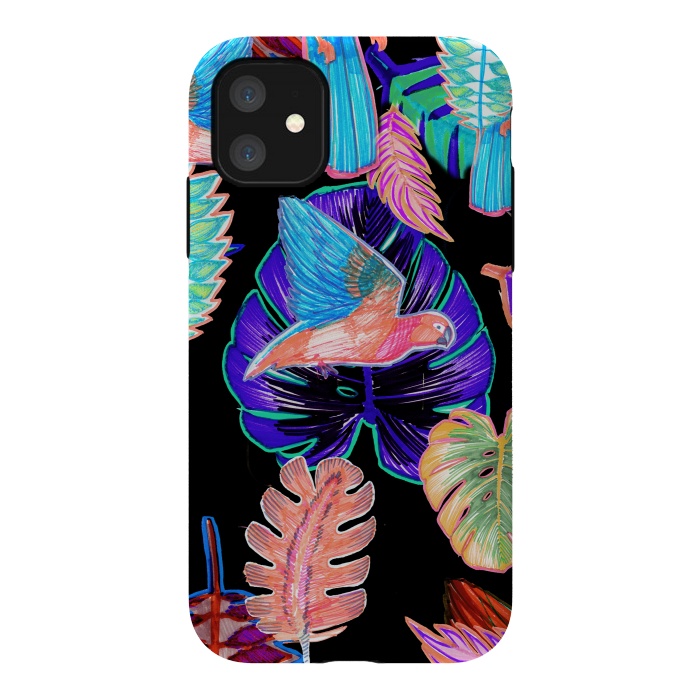 iPhone 11 StrongFit Colorful parrot and tropical leaves by Oana 