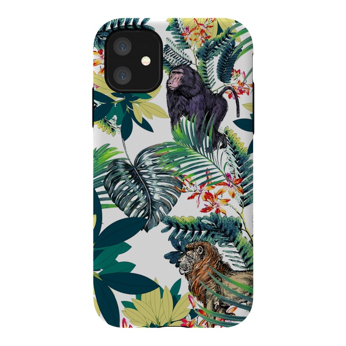 iPhone 11 StrongFit Monkey, lion and tropical foliage illustration by Oana 