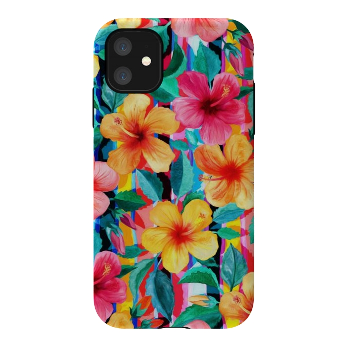 iPhone 11 StrongFit OTT Maximalist Hawaiian Hibiscus Floral with Stripes by Micklyn Le Feuvre