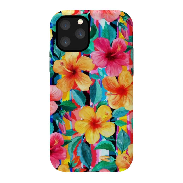 iPhone 11 Pro StrongFit OTT Maximalist Hawaiian Hibiscus Floral with Stripes by Micklyn Le Feuvre