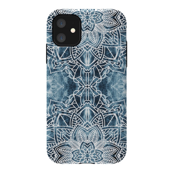 iPhone 11 StrongFit White lace floral mandala on blue marble by Oana 