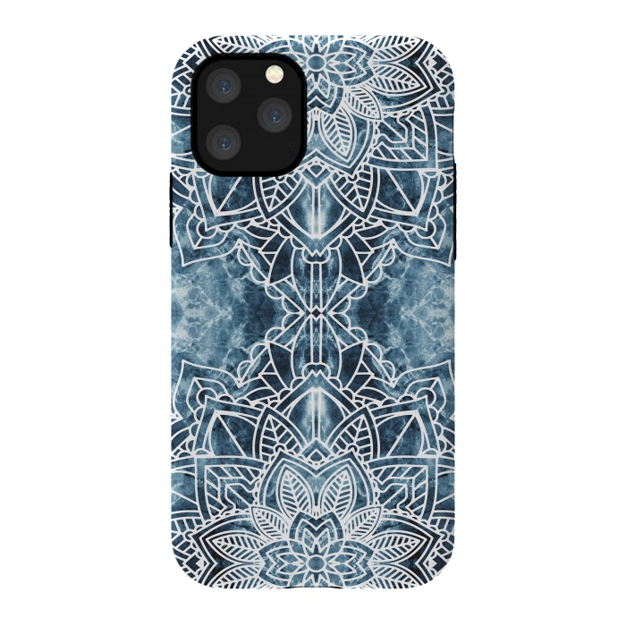 iPhone 11 Pro StrongFit White lace floral mandala on blue marble by Oana 