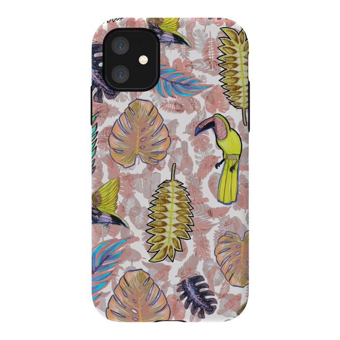 iPhone 11 StrongFit Playful parrots and leaves tropical sketch by Oana 