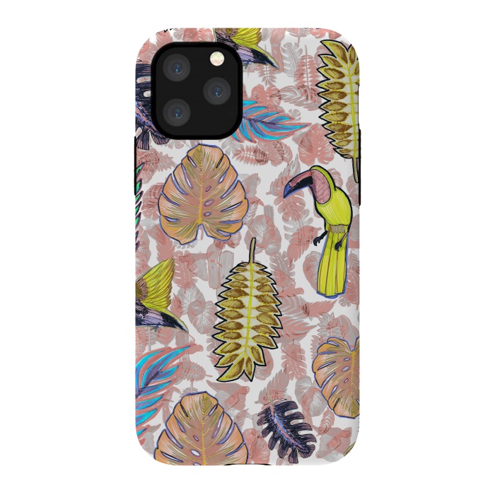 iPhone 11 Pro StrongFit Playful parrots and leaves tropical sketch by Oana 
