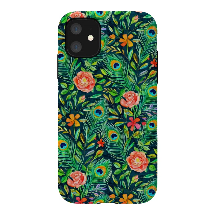 iPhone 11 StrongFit Peacock Posies on Dark by Micklyn Le Feuvre