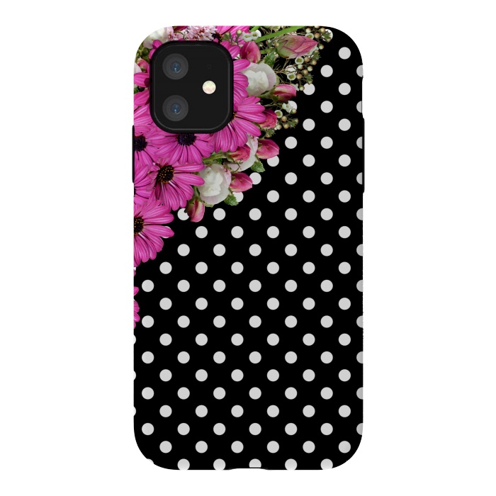 iPhone 11 StrongFit Black and White Polka Dots and Pink Flowers by Alemi