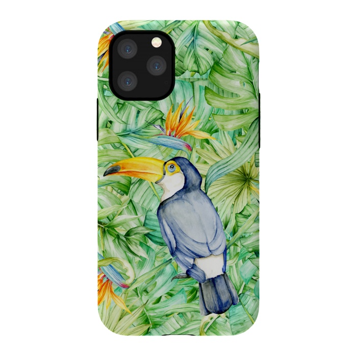 iPhone 11 Pro StrongFit Toucan Tropical Leaves Watercolor by Alemi