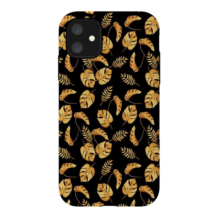 iPhone 11 StrongFit Gold Tropical Leaves Black Background by Alemi