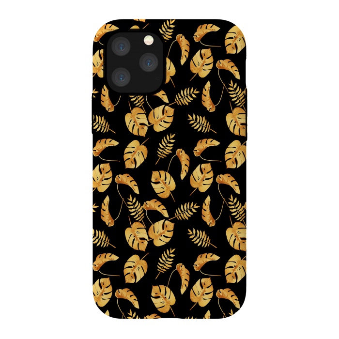 iPhone 11 Pro StrongFit Gold Tropical Leaves Black Background by Alemi