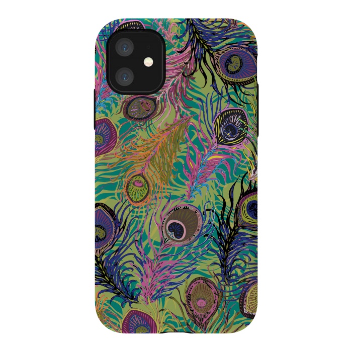 iPhone 11 StrongFit Peacock Feathers in Lime Green & Pink by Lotti Brown