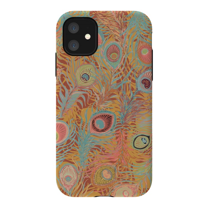 iPhone 11 StrongFit Peacock Feathers - Soft Coral by Lotti Brown