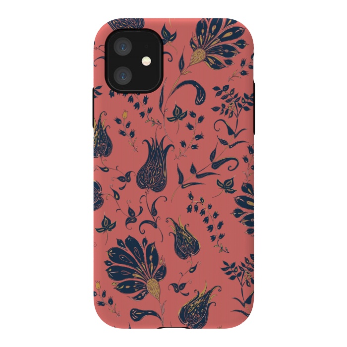 iPhone 11 StrongFit Paradise Florals - Coral & Blue by Lotti Brown