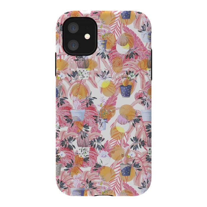 iPhone 11 StrongFit Cactus pots and pink tropical leaves pattern by Oana 