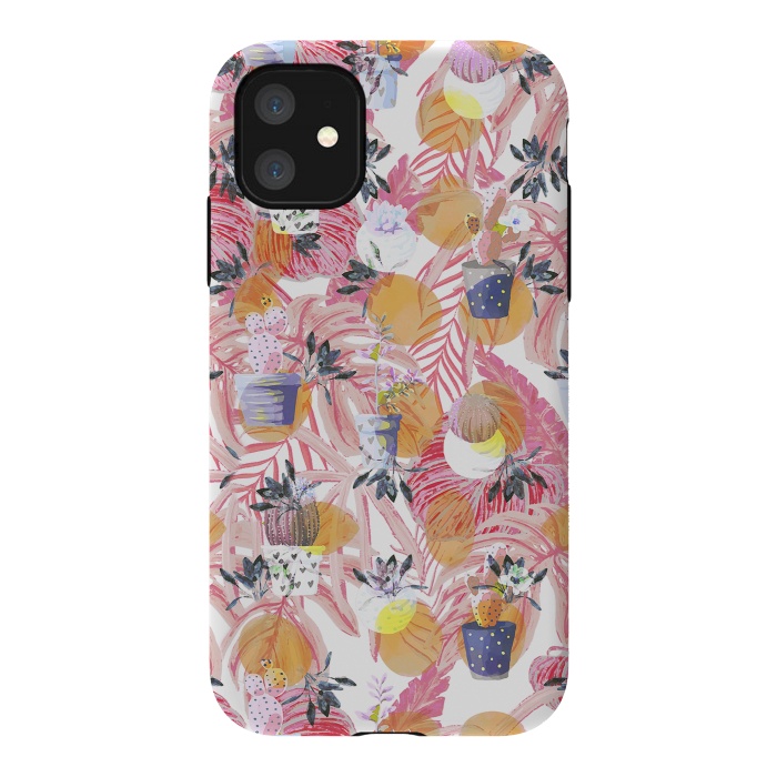 iPhone 11 StrongFit Cute cacti pots and pink tropical foliage by Oana 