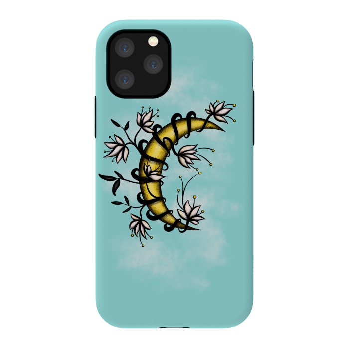 iPhone 11 Pro StrongFit Crescent Moon Wrapped In Flowers Tattoo Style by Boriana Giormova