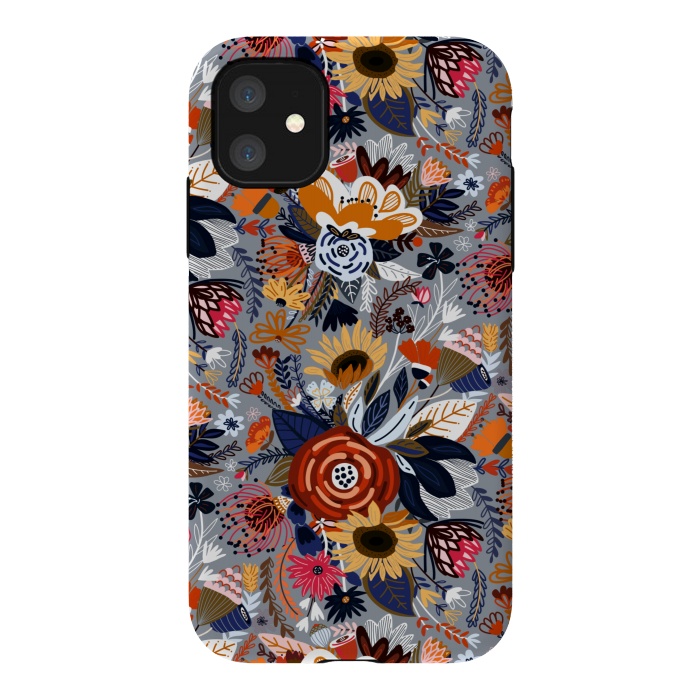 iPhone 11 StrongFit Popping Floral - Orange and Navy  by Tigatiga