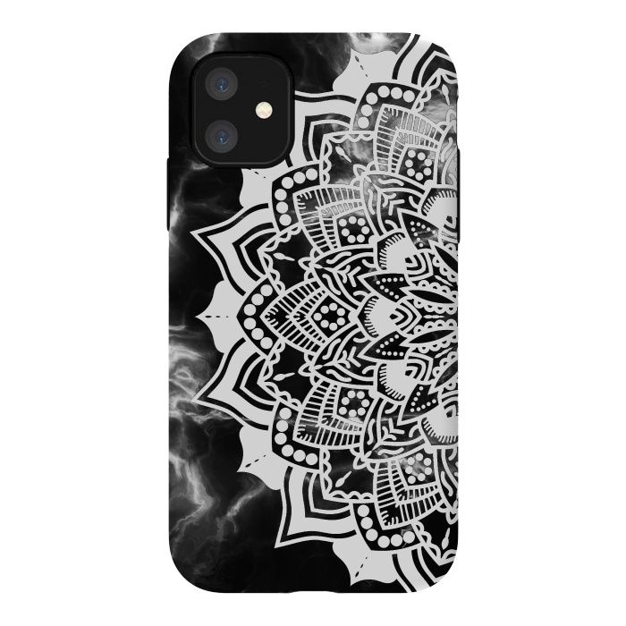 iPhone 11 StrongFit White floral line art mandala on black marble by Oana 