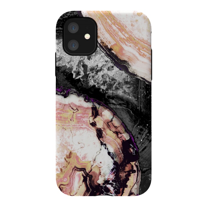 iPhone 11 StrongFit Golden agata gemstone slices on black marble by Oana 