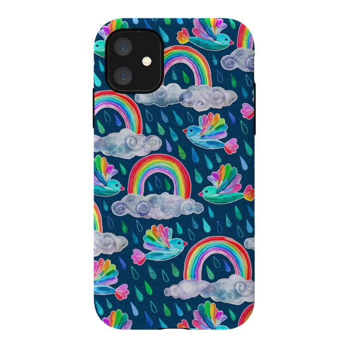 iPhone 11 StrongFit Watercolor Rainbow Birds on Navy by Micklyn Le Feuvre