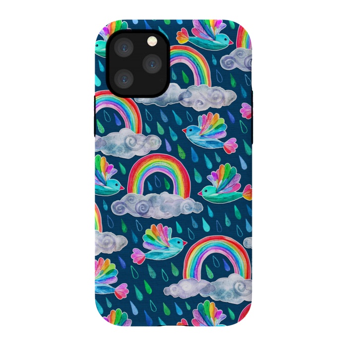 iPhone 11 Pro StrongFit Watercolor Rainbow Birds on Navy by Micklyn Le Feuvre